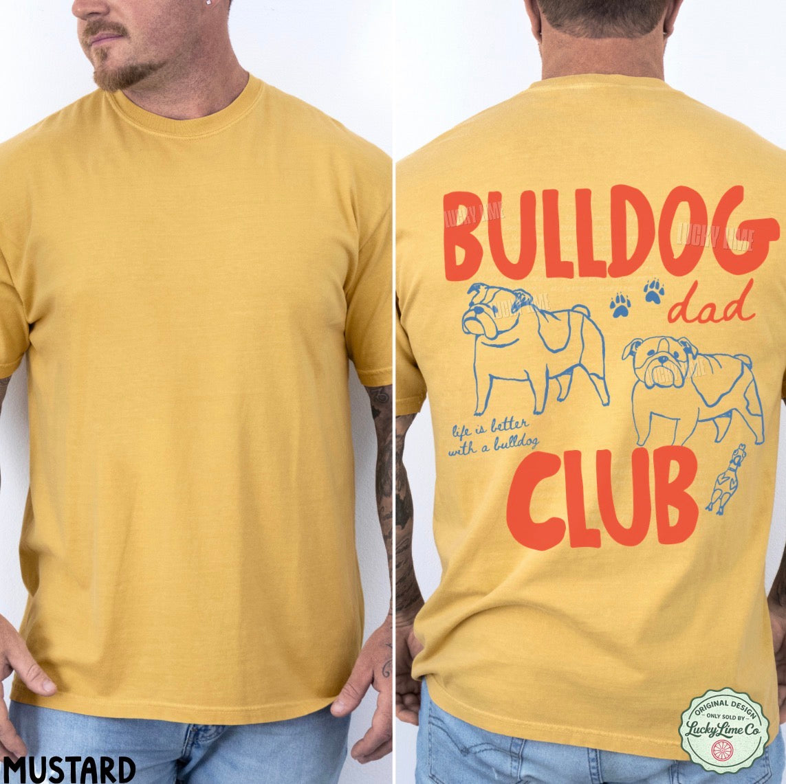 Yellow t-shirt with 'Bulldog Dad Club' design on a white background