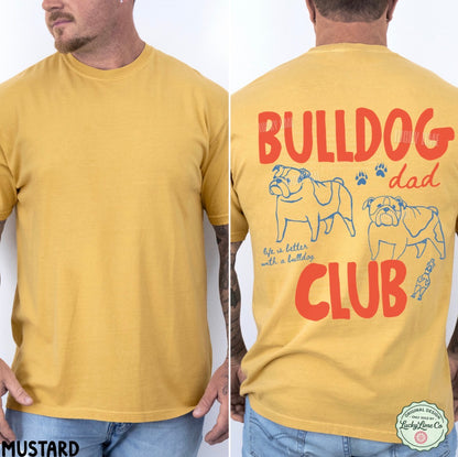 Yellow t-shirt with 'Bulldog Dad Club' design on a white background