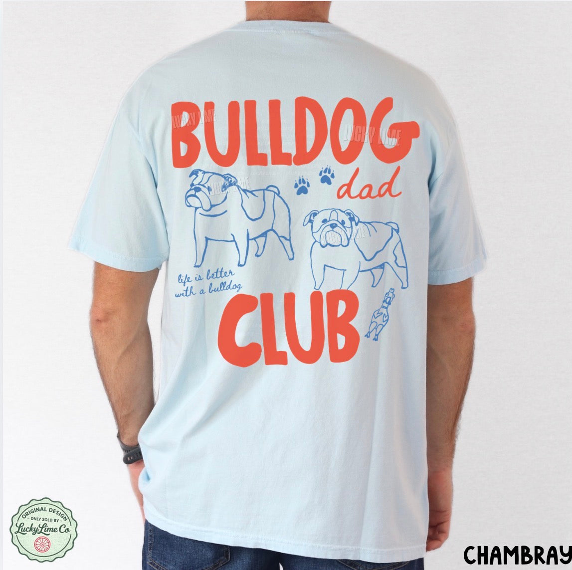 Light blue t-shirt with 'Bulldog Dad Club' text and bulldog illustrations on a white background