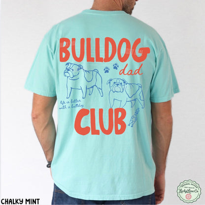 Light blue t-shirt with 'Bulldog Dad Club' text and graphics on a white background