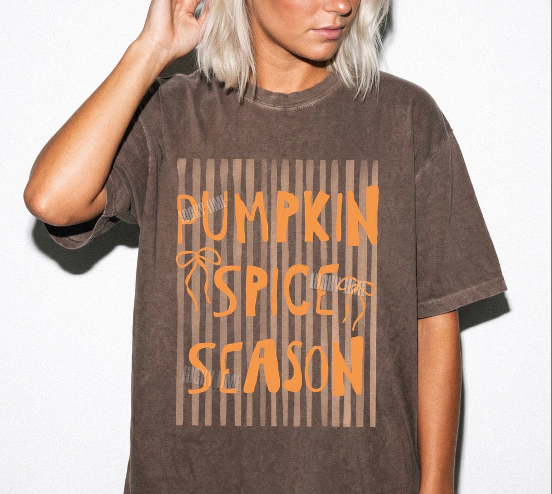 Person wearing a brown t-shirt with 'Pumpkin Spice Season' text on a white background