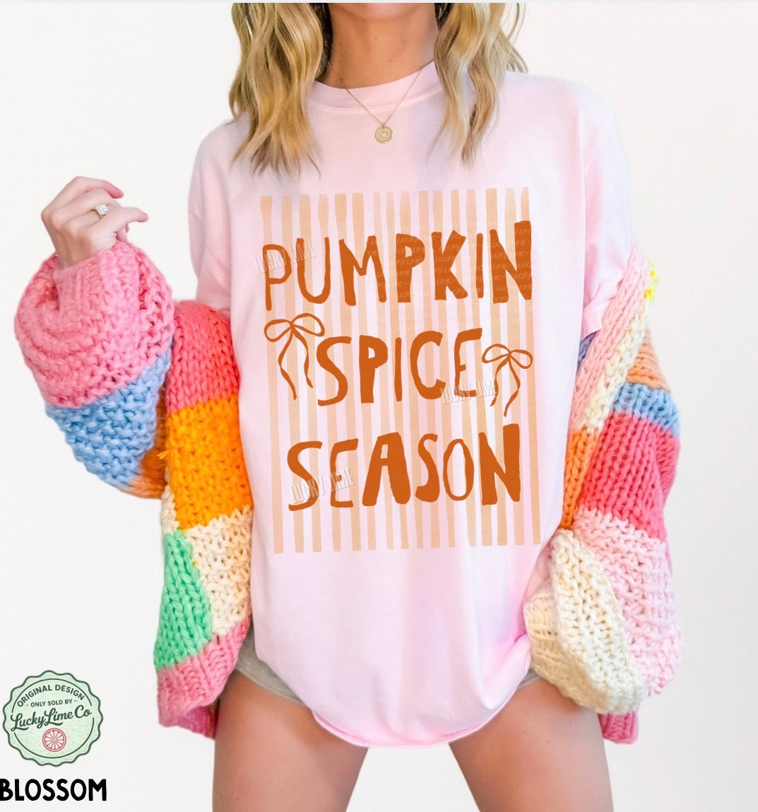 Person wearing a colorful sweater with 'Pumpkin Spice Season' text on a white background