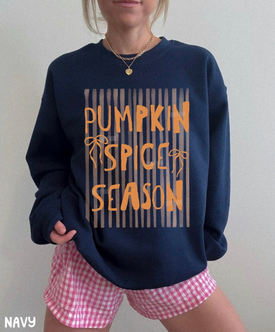 Person wearing a navy sweatshirt with 'Pumpkin Spice Season' text and pink checkered shorts.