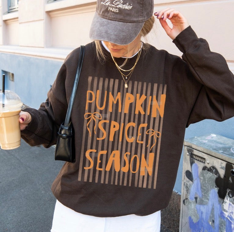 Person wearing a 'Pumpkin Spice Season' sweatshirt holding a drink outdoors.