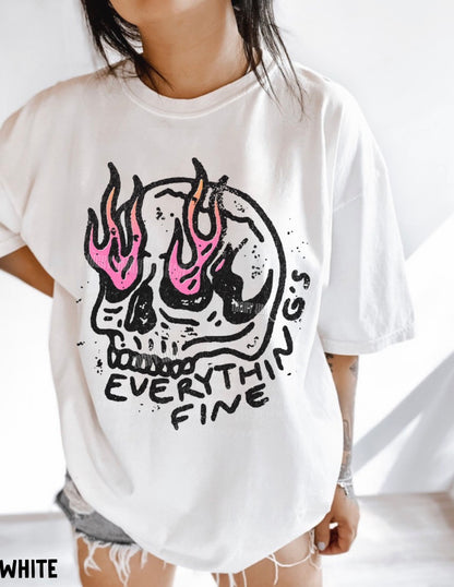White t-shirt with a skull design and 'Everything is Fine' text on a white background