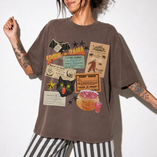A model wearing an oversized brown graphic t-shirt with vintage-style collage prints, paired with black and white striped pants, against a plain white background.