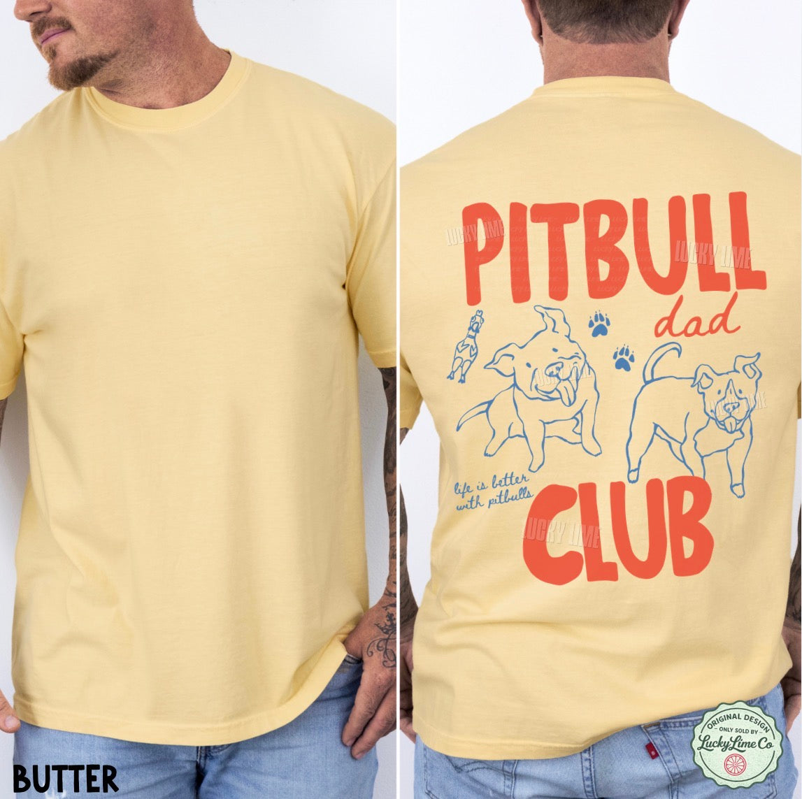 A man modeling a pale butter-yellow graphic T-shirt shown from both front and back. The front is mostly plain, while the back features large red-orange text reading 'PITBULL dad CLUB' with blue line drawings of dogs, paw prints, and small text.