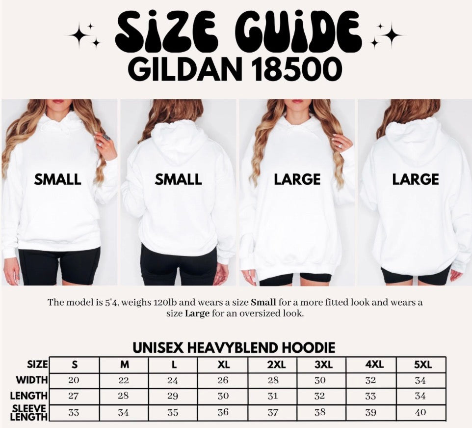 Size guide graphic for Gildan 18500 unisex heavyblend hoodies, showing front, side, and back views of a model wearing small and large sizes, with a sizing table at the bottom.