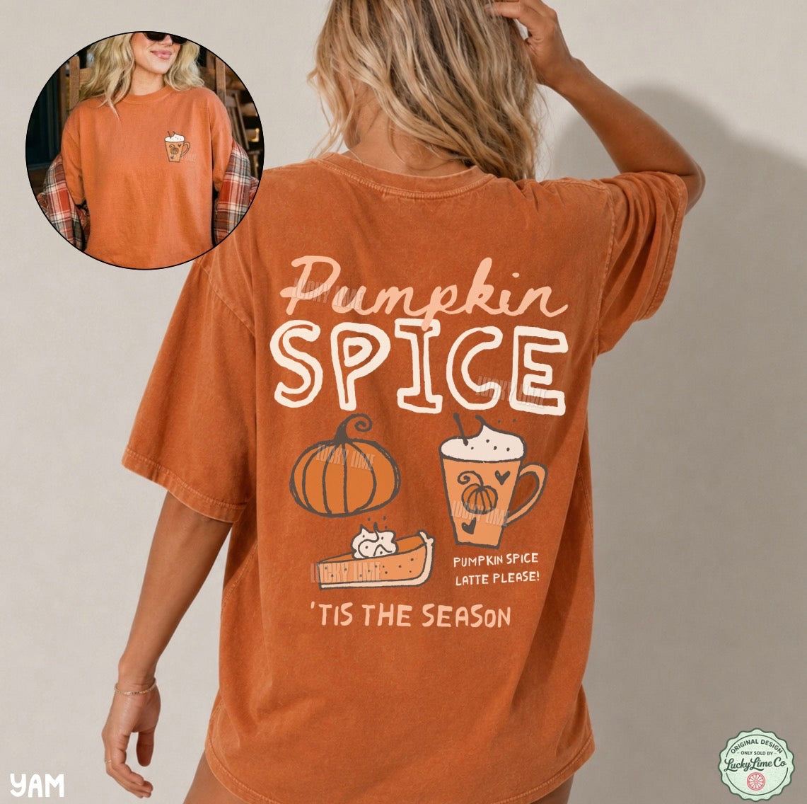 A woman wearing an oversized burnt orange t-shirt with a 'Pumpkin Spice' fall graphic on the back, shown from behind. The graphic features a pumpkin, a pumpkin spice latte, and a slice of pie.