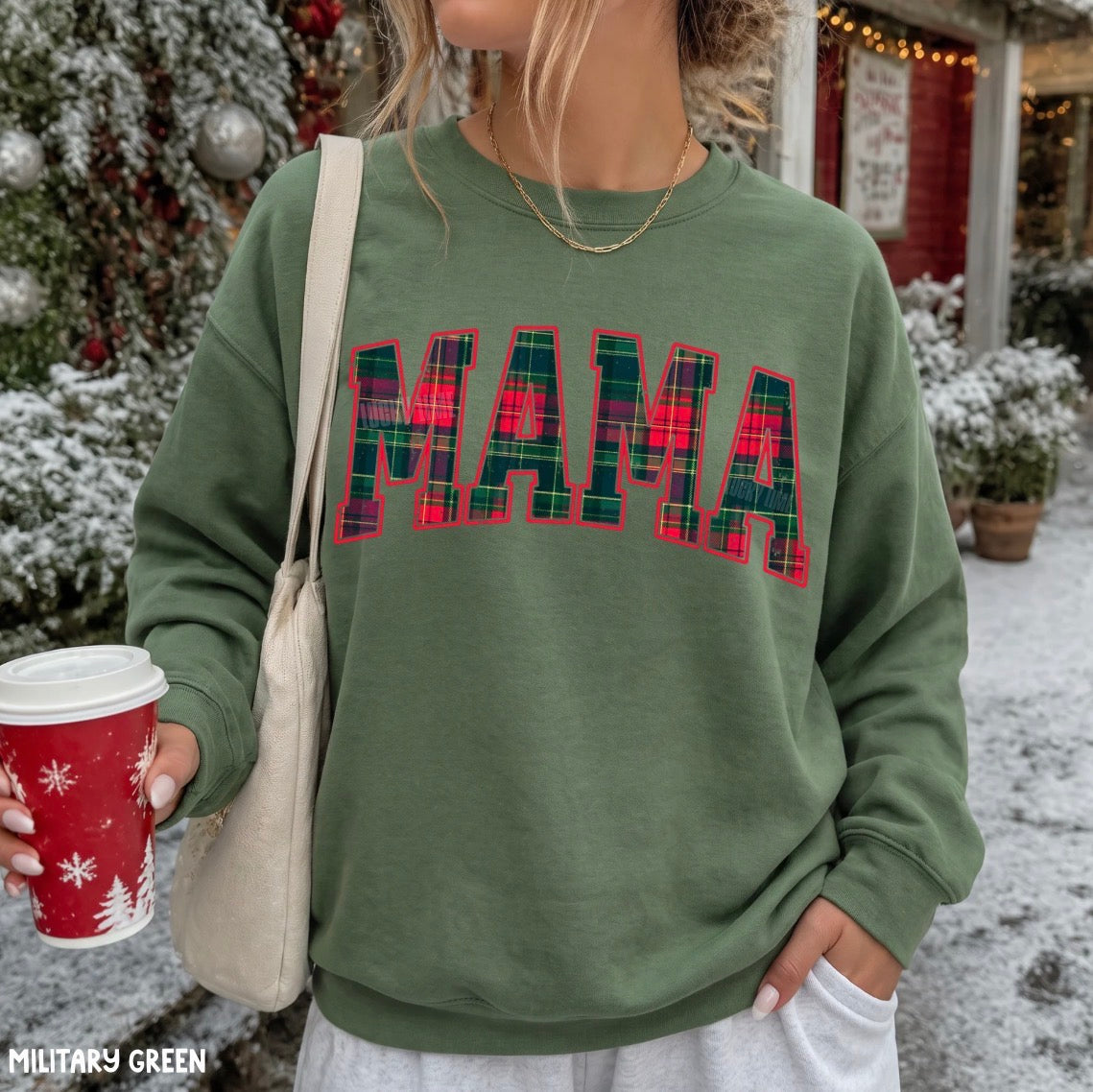 Plaid Mama Christmas Crewneck Sweatshirt (distressed image)