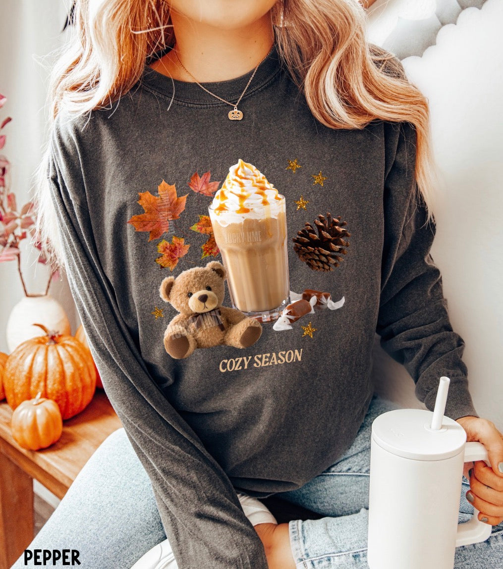 A woman wearing a dark gray long-sleeve graphic sweatshirt with a 'Cozy Season' print featuring a teddy bear, a hot chocolate drink, autumn leaves, and a pinecone. She is holding a white mug and sitting in a cozy indoor setting with pumpkins.