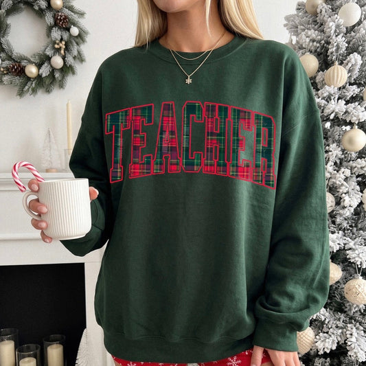 Teacher Varsity Plaid Christmas Crewneck Sweatshirt