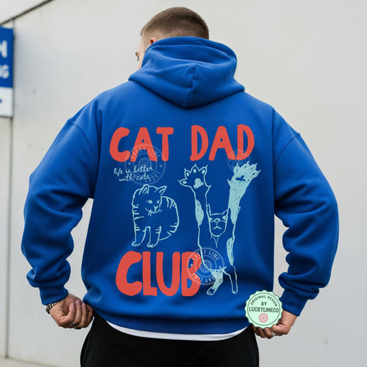 Person wearing a blue hoodie with 'Cat Dad Club' text and graphics on the back.